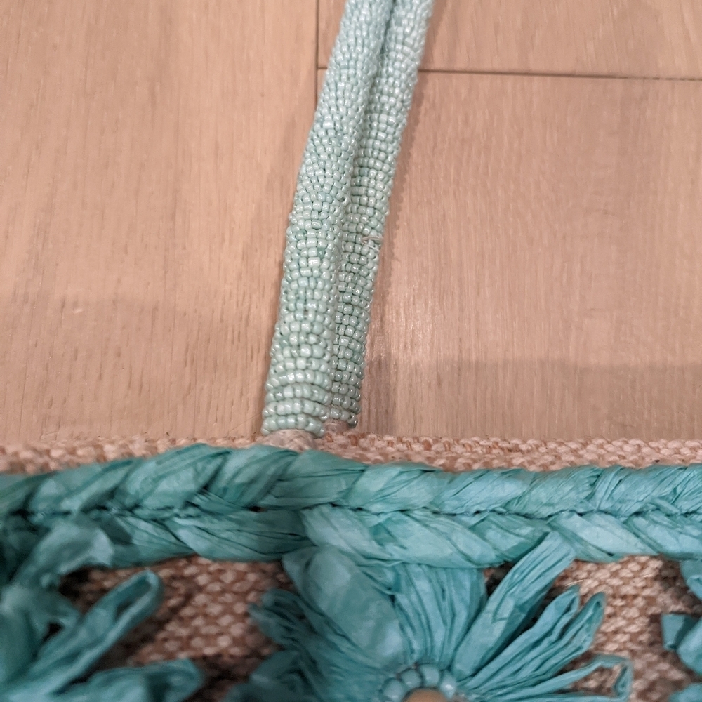 Floral Teal Taffeta and Beadwork Tote Bag - Picture 5 of 8